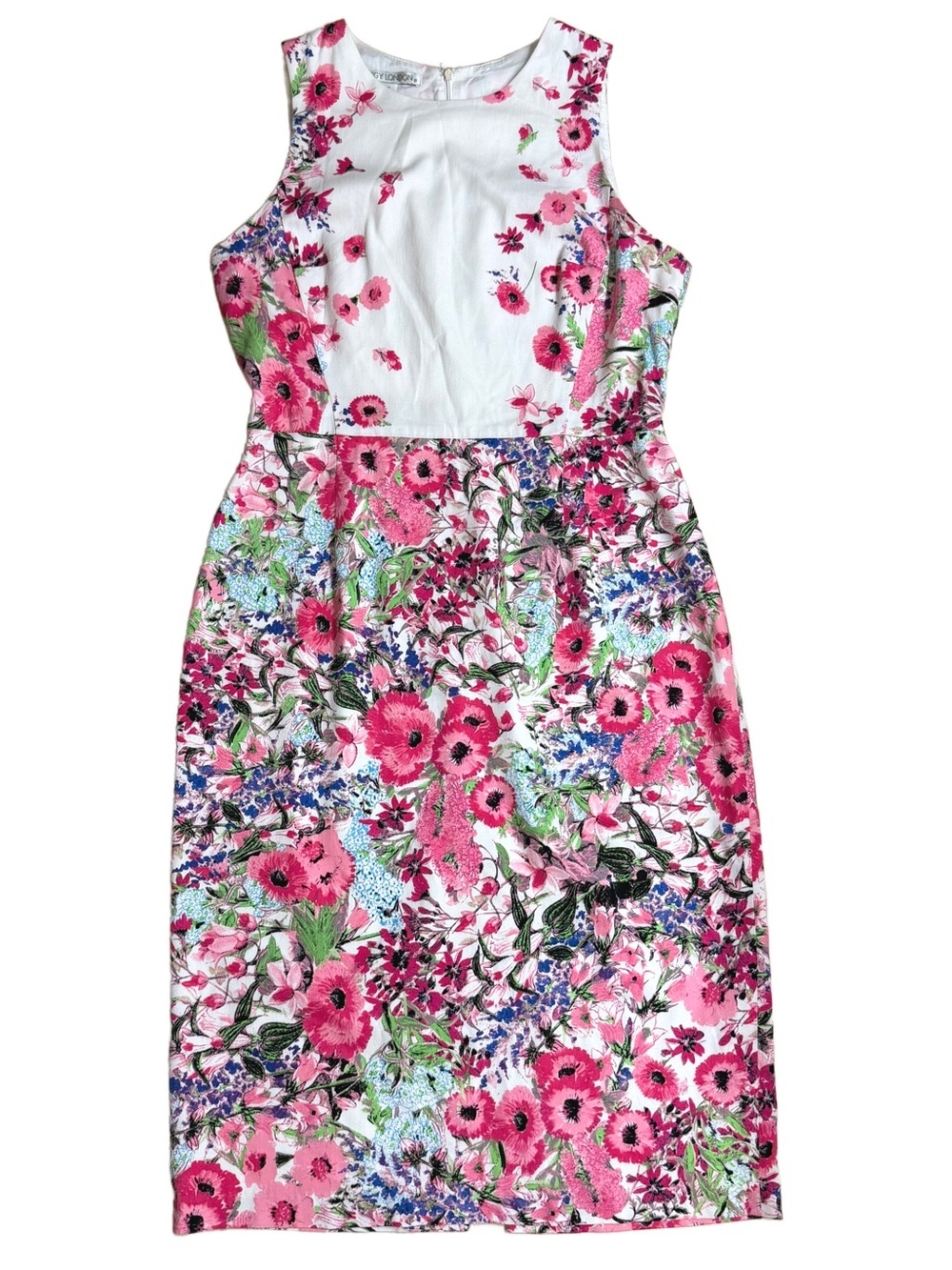 Maggy London Colorblock Floral Sheath Dress Size 10 Pink White Cotton Stretch